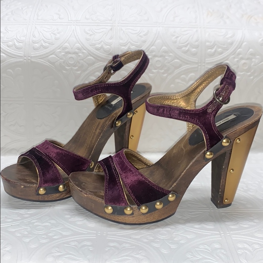 Miu Miu Purple Velvet Platform Heels with Gold Studs